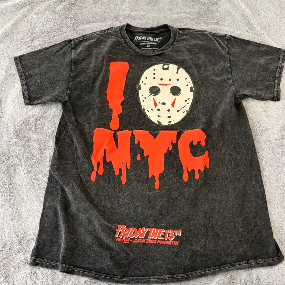 NWOT Friday the 13th Jason Takes Manhattan I Heart NYC Mineral Wash Shirt M